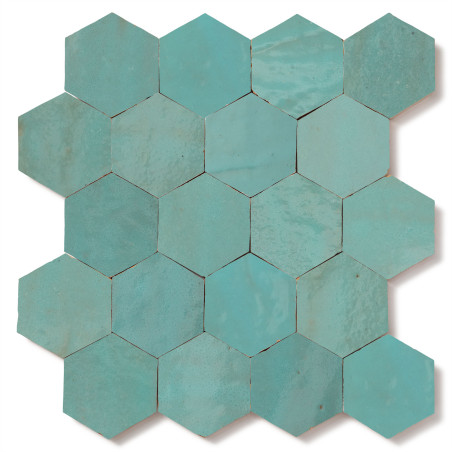 Carrelage Zellige Marocain Bleu Maldives Hexagone 7,6x8,8 cm